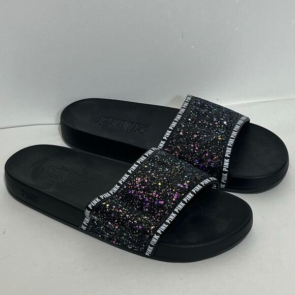 Victoria's Secret PINK Women's Black Purple Glitter Bling Slide Sandal Size 7-8 - Picture 2 of 8